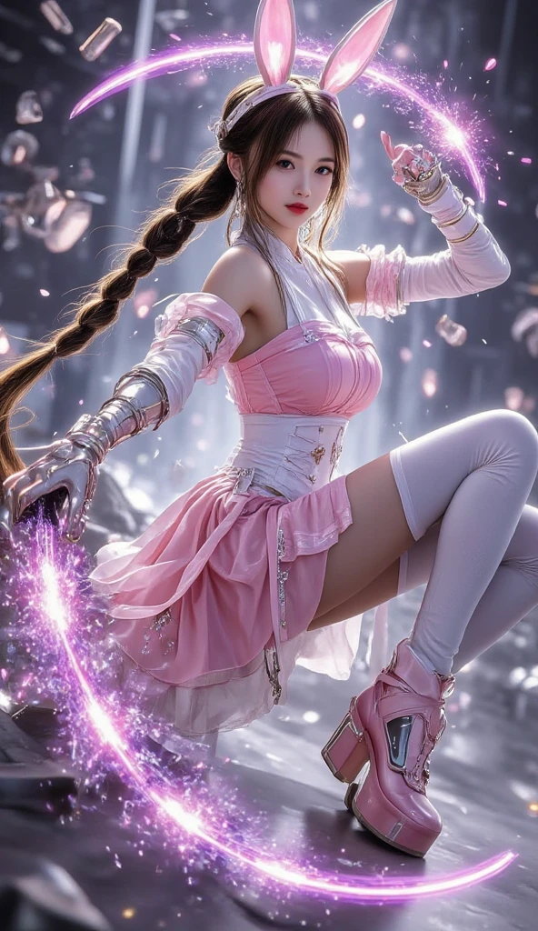 Anime girl with pink clothes and a sword in the field, Splash art anime Loli, fuchsia skin, Extremely detailed Artgerm, fuschia skin, bright fuchsia skin, Style Artgerm, sakura petals around her, trending artgerm, Range Murata and Artgerm, Artgerm Plat, mobile legends,3d effect,Real photos,Live-action effect,of a real