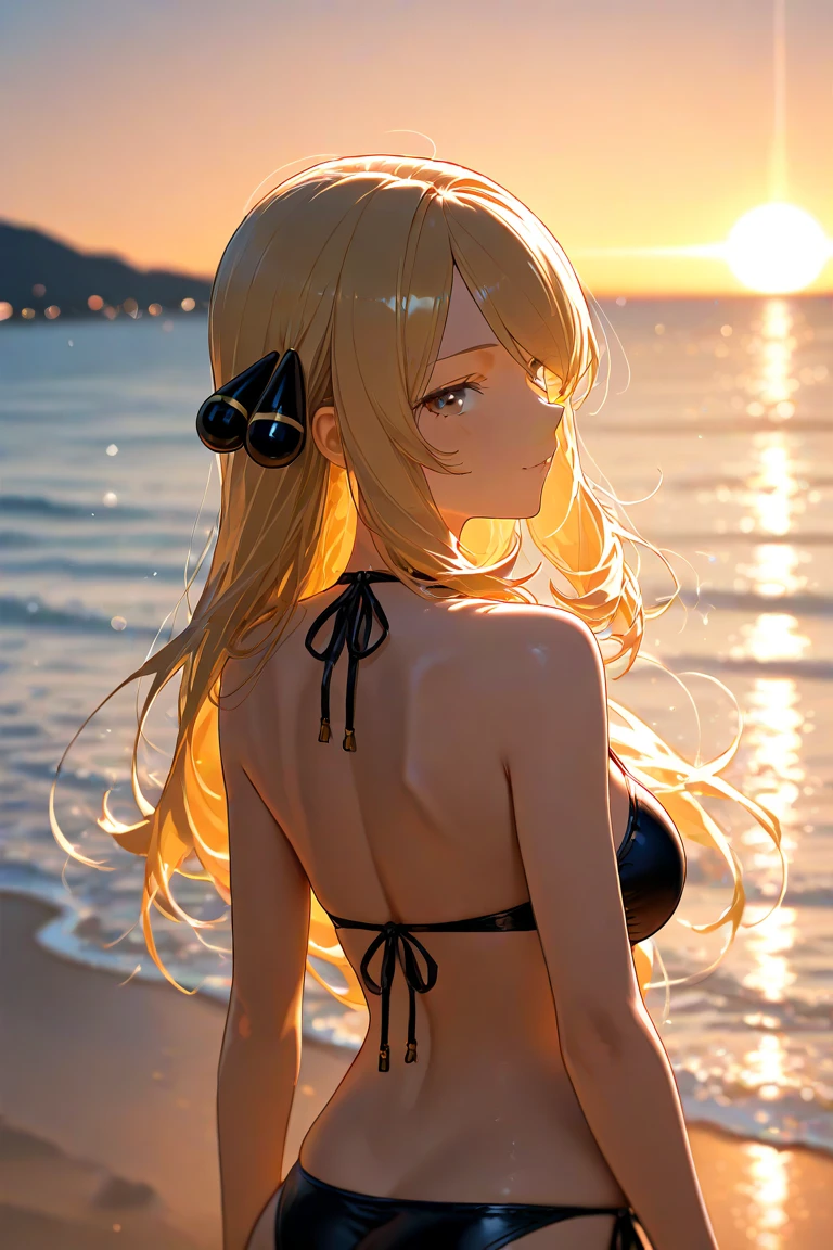 Sunset,Golden sand,A girl,Wear swimwear,Golden hair,Back shadow,hair flowing