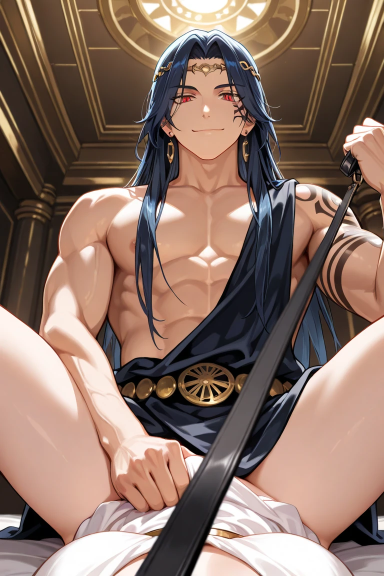 humans, A 25 year old boy, Skinny body, defined body, long hair, groomed hair, hair between eyes, black hair, lower lip piercing, black eyes, flirtatious smile, Flirty attitude, horny, homosexuals, penis out, huge penis, posing sexually, sitting on a throne, Leg up, holding his huge cock, masculine,