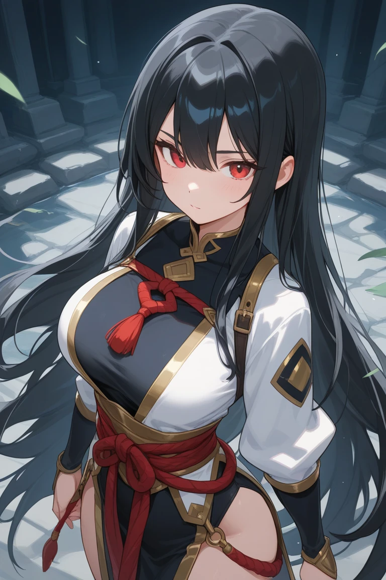 Tall girl, long black hair, fox ears, blue eyes, old Russian fighting uniform, smile, open shoulders, chest neckline, masterpiece, high quality