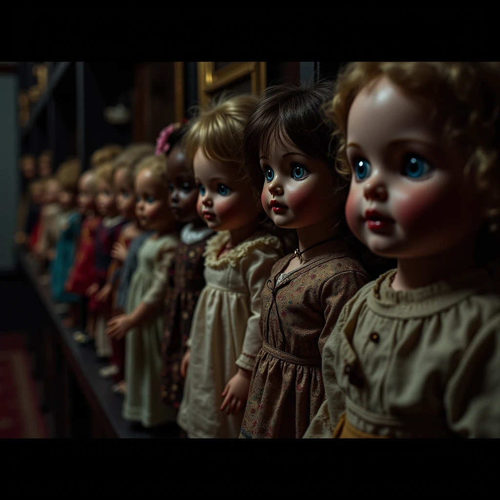 Creepy footage, cluttered basement, creepy doll, deformed, mutated, horrifying, disfigured