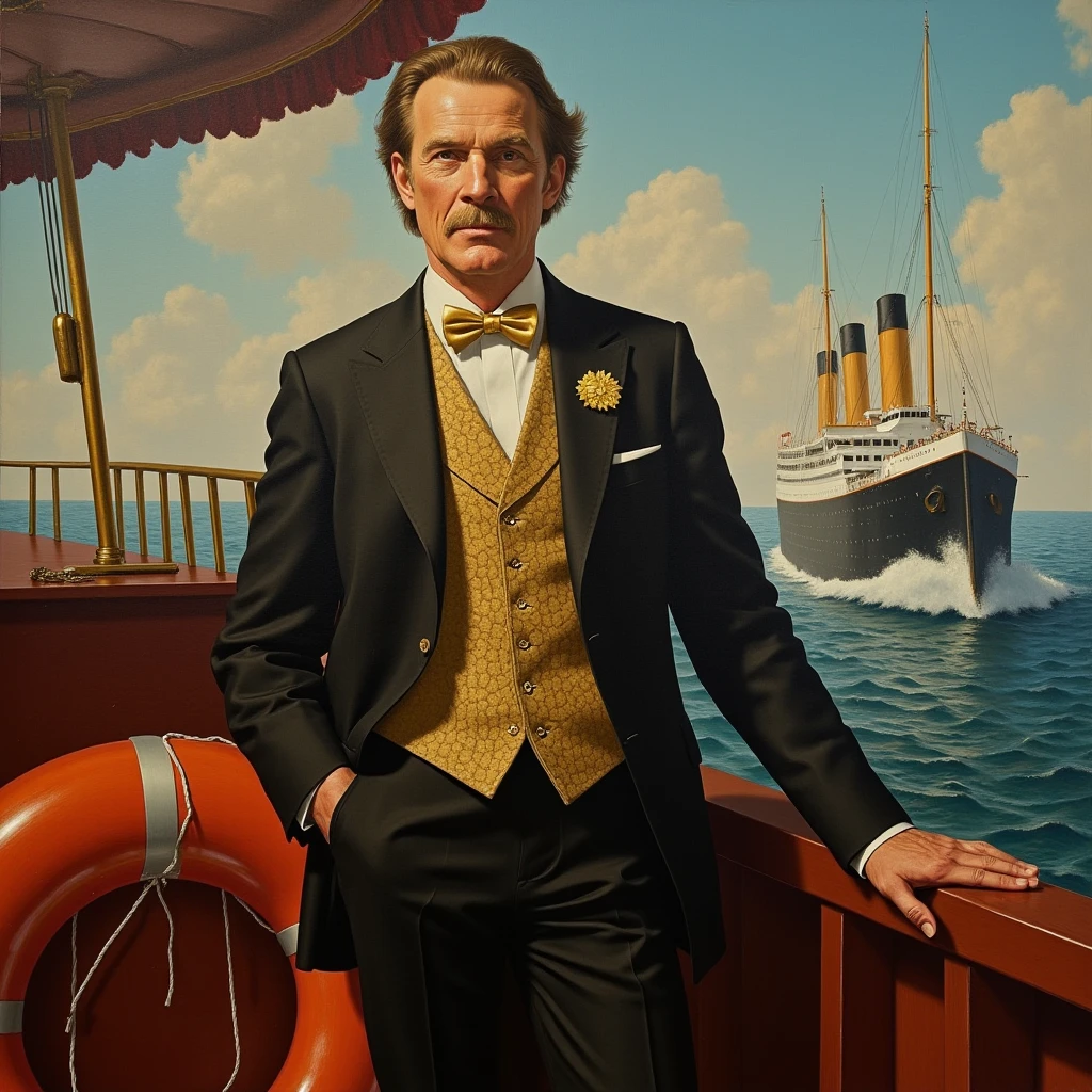 Portrait of a fatherleodicap on the titanic boat deck, ((1900)), ((thin)), in shape, wearing an all brown button-up shirt and suspenders, poor, working class, no tie, mushroom haircut, long hair, cinematic, highly detailed, masterpiece, trending on artstation, smooth, sharp focus, art by artgerm and greg rutkowski and alphonse mucha