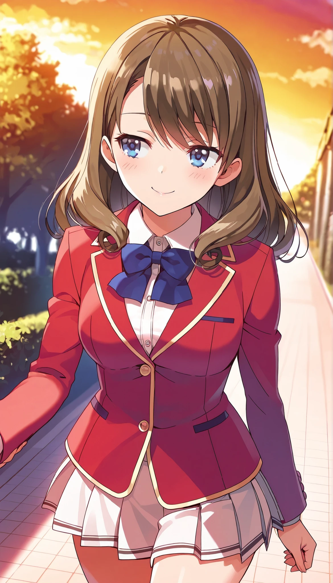  score_9,score_8_up,masterpiece,best quality,correct anatomy,anime_source,1girl,solo,,smile,blush,Sato Maya,long hair,curly hair,brown hair,bangs,blue eyes,glossy lips ,school uniform,red blazer(closed blazer ,buttoned blazer) ,blue bowtie,collared shirt,white shirt, medium breasts ,white skirt,pleated skirt,thigh ,cowboy shot, blush,  walking ,outdoor ,sunset