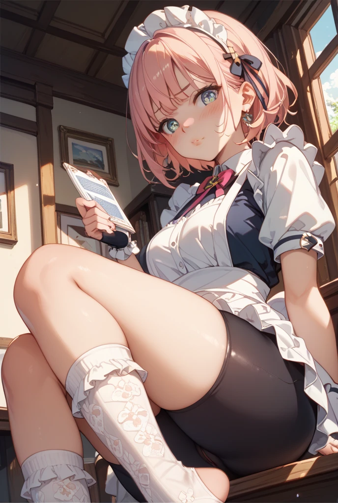 Realistic image, detailed image, 1 elf. She has silky pink hair, blue-green eyes. She wears a bolero with a short shirt. pleated miniskirt and sneakers. Medium breasts, narrow waist, wide hips and thick thighs. smiling. posing sensually. Arched back. View from below. Thong view. White background. Uniform background. Volumetric light. Ambient light.