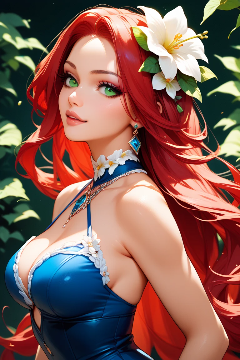 She has perfect big breasts ((beautiful adult elf aged 28)), (medium-length and shiny red hair, hair with bangs, flower in her hair), double eyelids, greenish eyes, clear and detailed, hyper detailed, light effect in the eyes, detailed irises, sensual body, ((light BLUE strapless dress, bare shoulders, collarbone, embroidery on the dress, off the shoulder, bracelet, delicate sexy bold, lace details on the dress)), neckline, ((work- prime, hyper realistic, hyper detailed, best quality, 16k, light and shadow on the skin, vivid colors), eyeliner, thin eyebrows, sensual expression, perfect lips parted, sexy face, ((skin with light and shadow), beautifully seductive woman and embarrassed, passionate expression, ((she is a beautiful Elf)), looking at the viewer, beautiful, charming, defined abdomen, forest all around, she is in a sensual pose, butterflies flying