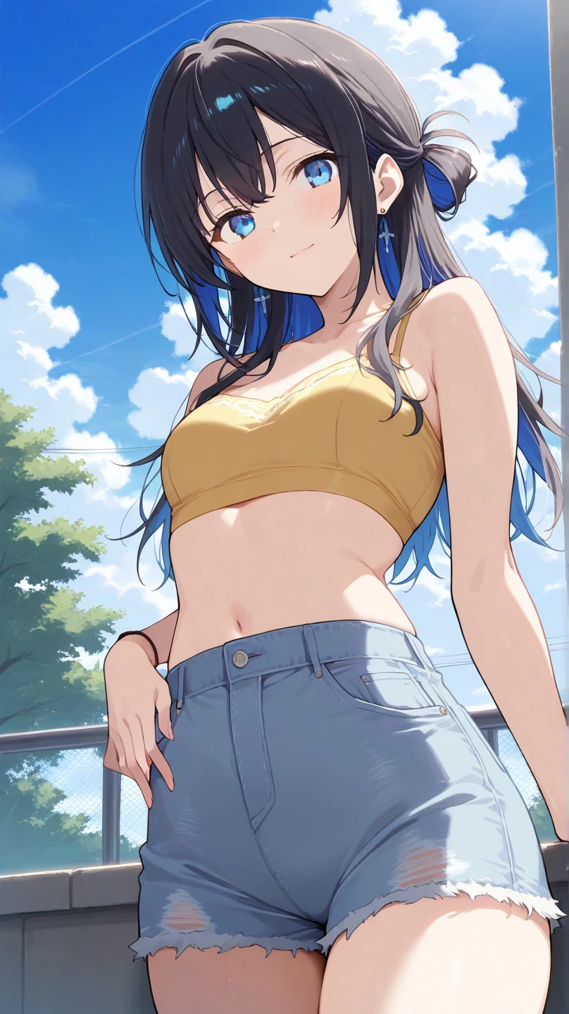 (realistic photo:1.5), (masterpiece:1.0), (best quality:1.3), Ultra Detailed, sharp focus, full color, (Depth-of-field:1.0), (super fine-illustration:1.0), (Blue sky, white clouds:1.0), from side,
 (1girl, solo:1.3), (college age:1.0), slim body, big breast, swimsuit, shorts, navel, midriff, ((glasses)),
  gts, giantess, cityscape