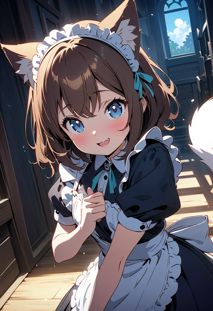 (masterpiece, best quality, very aesthetic, absurdres), maid, long braided brown hair, wolf ears, full sleeves maid uniform, maid pantyhose, shy smile, blushing, (resting on stomach, cute headtilt, legs up), bed