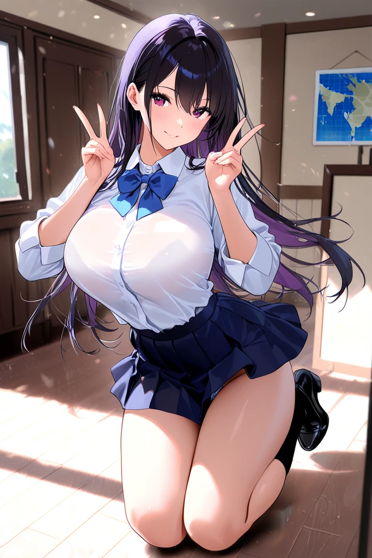 high school student、Women、School classroom、(Big Breasts)、smirk、curvy、(1 girl)、from below