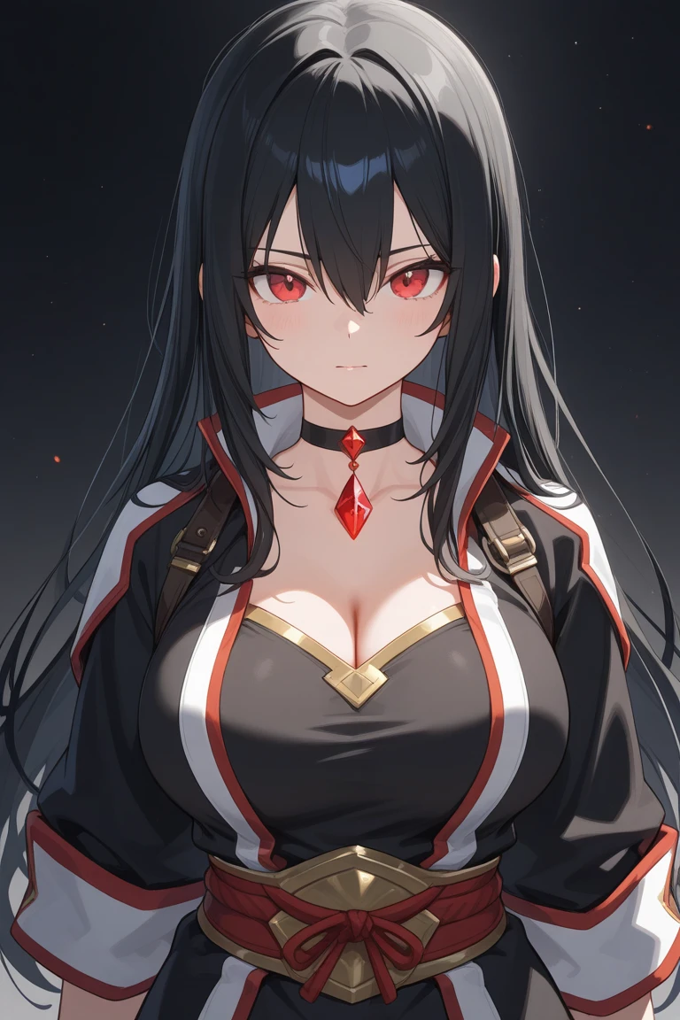 masterpiece, best quality, highres, absurdres,, 1girl, ahoge, black hair, red eyes, goddess, goddess clothes, black and white, good and evil