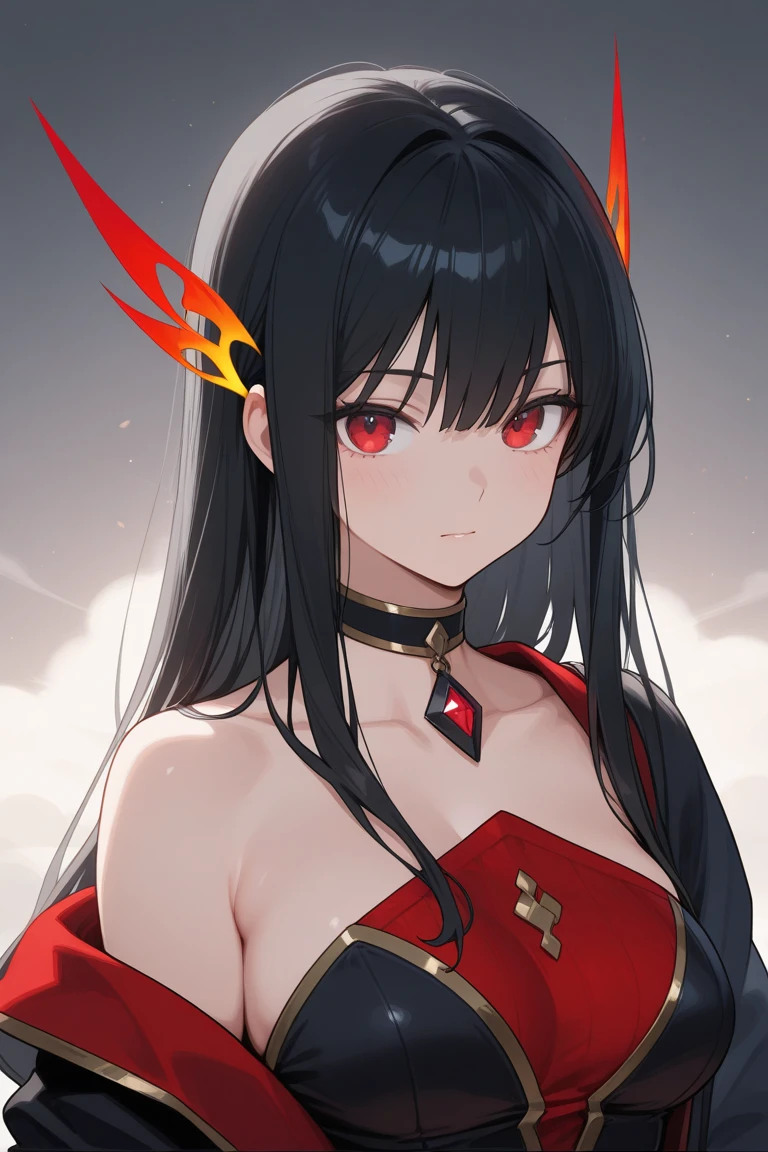 A demon girl. Red skin. Shiny black hair. Golden eyes. Wearing a very open black outfit with red and gold details. With pointed ears with golden earrings. Anime style.