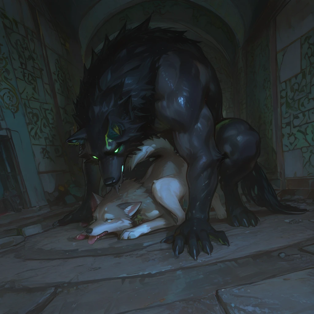 (Defeated Knight and Werewolf)、Black body、White belly、Toned body、、ruins、Broken armor、((On all fours、((((Being fucked from behind、))))、A lot of semen、Intense 、))、Erect penis、