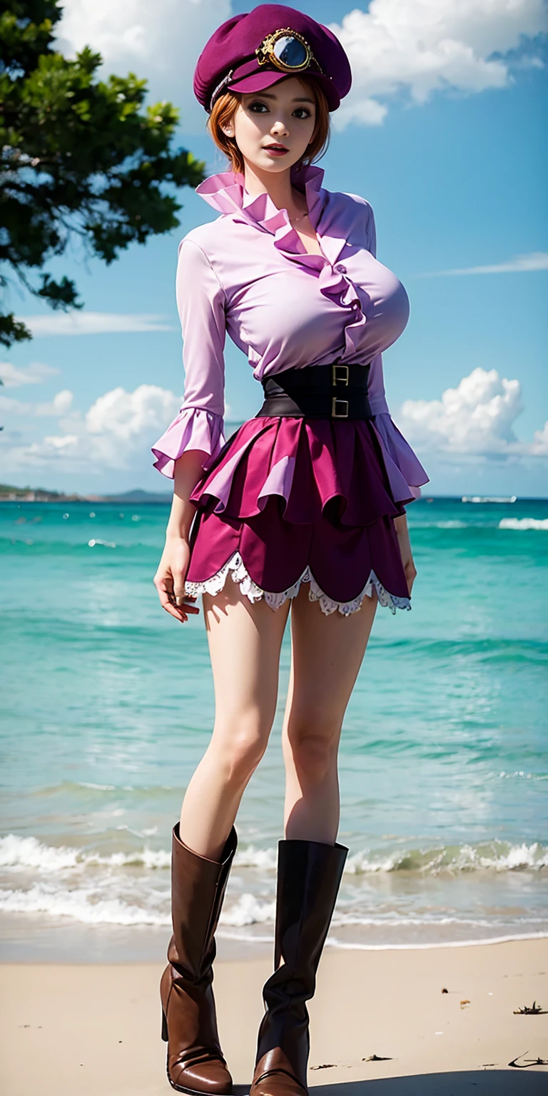 ((Highest quality, Best image quality, Ultra-high resolution)), (RAW photo:1.3), (Photorealistic), (Realistic), (Ultra-high resolution),(A woman in a thin dress and a large straw hat is leaning forward at the seaside and looking at viewer), (pink hair:1.2), (short hair), (smile:1.3)