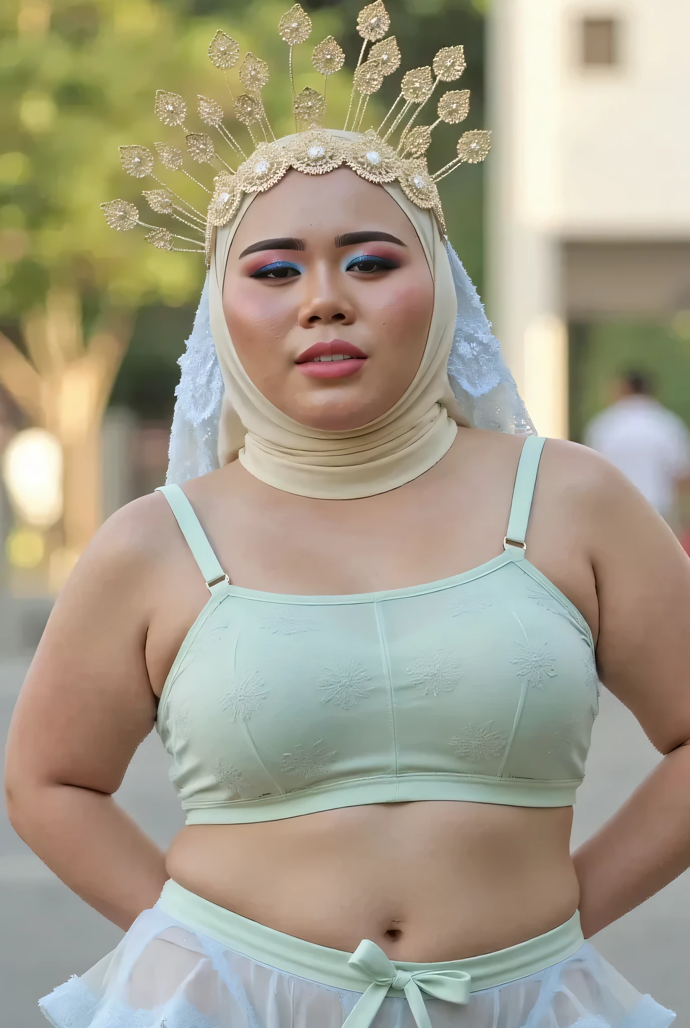 CHUBBY, ((CHUBBY:1.8)), (Happy smile), (((HIJAB MALAY GIRL))), masutepiece, High quality, UHD 32K, Realistic face, Realistic skin feeling , A Japanese Lady, 58 years old matured lady, , Very cute and baby-like face, (((FLAT CHEST))), (Night time at forest), ((look In front at the camera and SADNESS)), (((WHITE FLUORESCENT))), (((CUTE GIRL))), ((LIGHT GREY FLUORESCENT LIPS)), ((Floral Pattern)) little ((wearing strapless bra)), strapless colorful bra, dark night background , black forest night, horror scary place, (from behind up) seductive pose, naked naked , ((huge bra:2.1))
