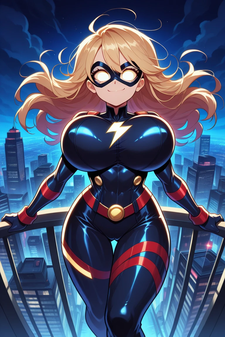 ((masterpiece)), ((best quality)), (ultra-detailed), absurdres, extremely detailed CG unity 8k wallpaper, Official Art, Accurate describe shapes, beautiful face, detailed hands, expressive eyes, upper body, looking at viewer, solo, close-up, (city, skyscraper, scenery, dramatic lighting:1.1), (standing, fixing hair, smile:1.2), (1girl, mature female, older, milf, motherly, large breasts, wide hips, narrow waist, blonde hair, long hair, blue eyes:1.4), (MsMarvel, Black leotard, black thighhighs, Red Belt, eye mask, bare shoulders, elbow gloves, black gloves:1.3), , ((masterpiece)), absurdres, HDR <lora:MsMarvelSD15>