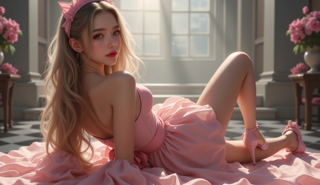 (Pieces fly),(highest quality:1.1),(Very detailed),Best illustrations,The finer details,(Portraits:1.1),(Watercolor)fluffy,1 female,alone,13 years old,Small breasts,Anorexic Thin Thighs,slim,(Very delicate and beautiful face),(Beautiful eyes in every detail),Pink thick lips,(Messy Hair),Soft and lazy,(Simple Background:1.2)Overall background color,Transparent parts,In 4K,Full Shot,Thin legs,Pink High Heels,See-through gown,Swimwear,The happi coat is open