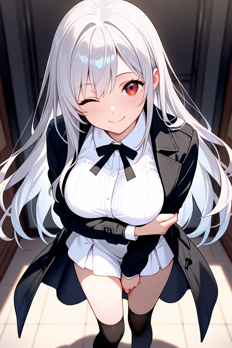 Center of chest,pretty girl,Cat ear,Beautiful silver hair,Pink inside,Beautiful pink eyes,black shirt,black skirt,smile

