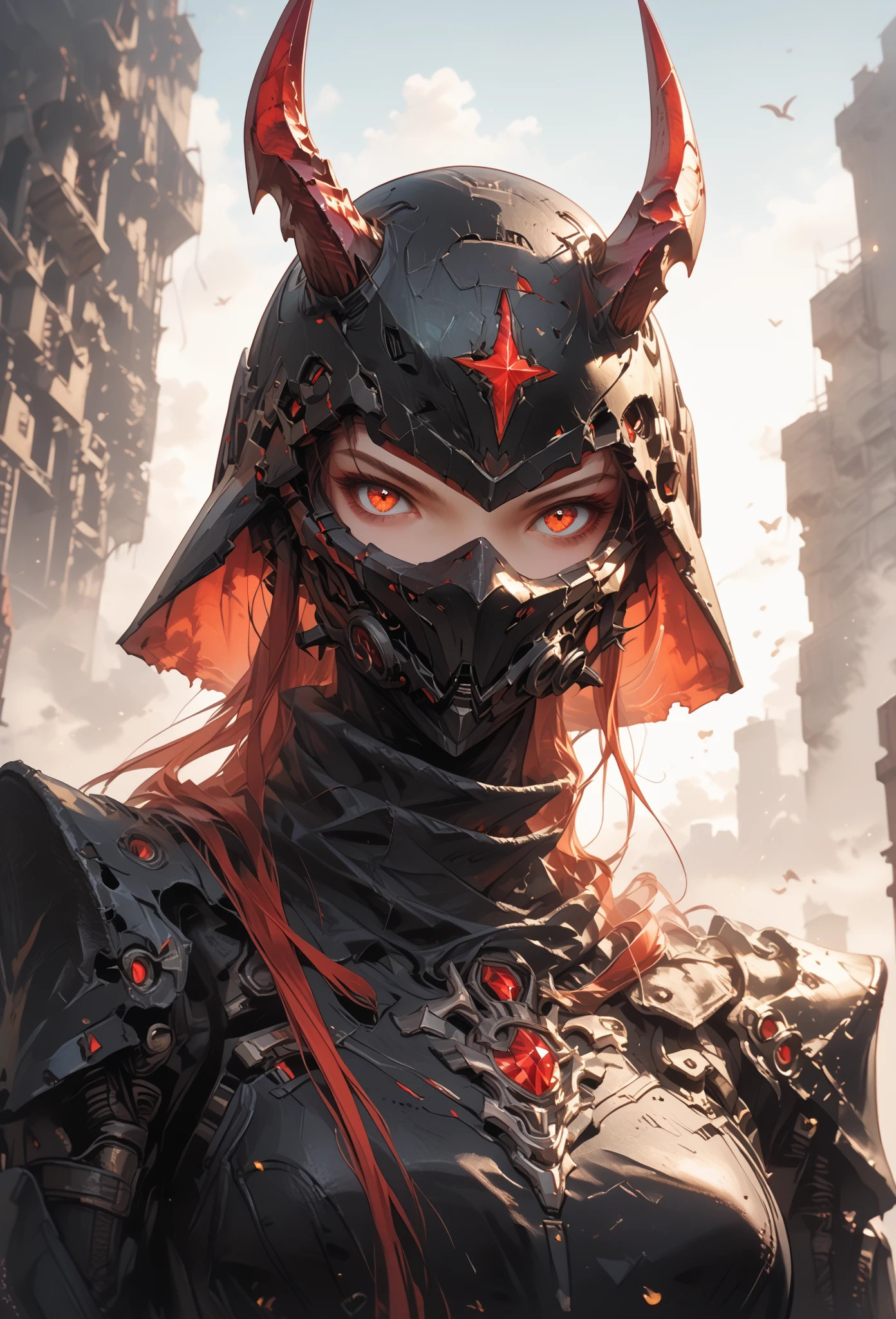 (masterpiece:1.1), (best quality:1.1), (vibrant colors:1.2), BREAK,
(dark fantasy:1.0), (red theme:1.1), (red background:1.0), (abstract background:1.0), (rim lighting:1.0), BREAK,
(solo:1.2), (upper body:1.0), (woman:1.0), (glowing white hair:1.1), (bob cut:1.0), (blunt bangs:1.0), (robot:1.1), (cybernetic parts:1.1), (mechanical neck:1.0), (biomechanical:1.0), (mask:1.0), (demon horns:1.1), (black armor:1.0), <lora:urbansamurai_v0.3:0.6> <lora:girl_with_mask_lora013:0.6>