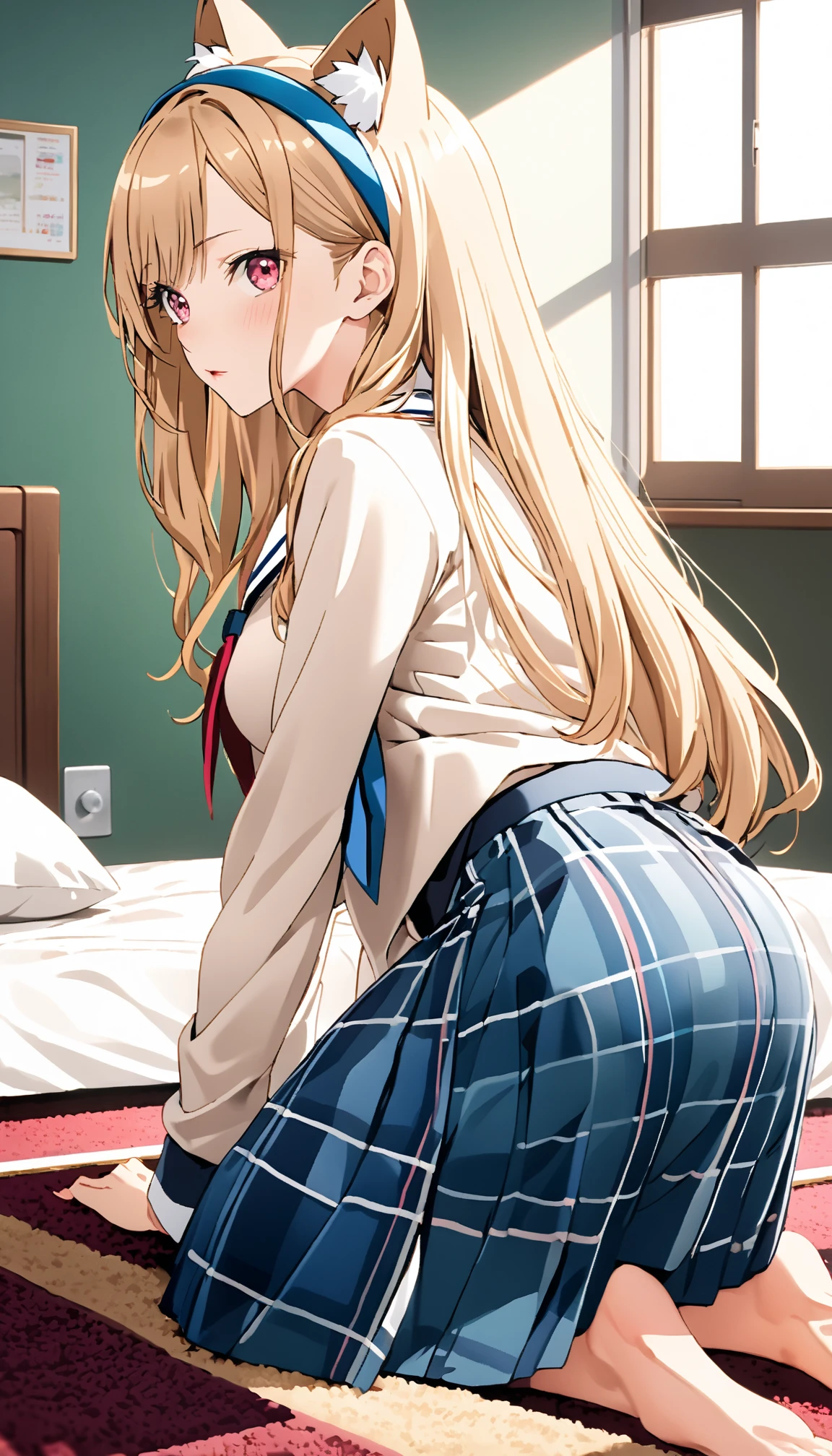 (masterpiece:1.2, Highest quality), (Realistic, photoRealistic:1.4), Beautiful illustrations, (Natural Side Lighting, Cinema Lighting), 
View your viewers, 1 girl, Japanese, high school girl, Perfect Face, Cute and symmetrical face, Glowing Skin, Baby Face, 
(Long Hair, Straight hair, Sideburns, (Blonde)), Swept-apart bangs, Blue eyes, Earrings,  Sweaty healthy body, Mesgaquismiles,((Very, very big butt))((Panties are visible))((Shiny satin light brown panties))((full back panties))loafers, Ultra-realistic, early morning, Breeze Skirt Lift, (Spread your legs:1.0), (squat),((from behind)), Indoor (changing room,the floor is concrete)
Beautiful Hair, Beautiful Face, Beautiful attention to detail, Beautiful clavicle, Beautiful body, Beautiful breasts, Beautiful thighs, Beautiful feet, Beautiful fingers, 
(((Brown cardigan, Closing the garment), White collared shirt, Black checkered pleated mini skirt)),(nice smile, Upward glance), 