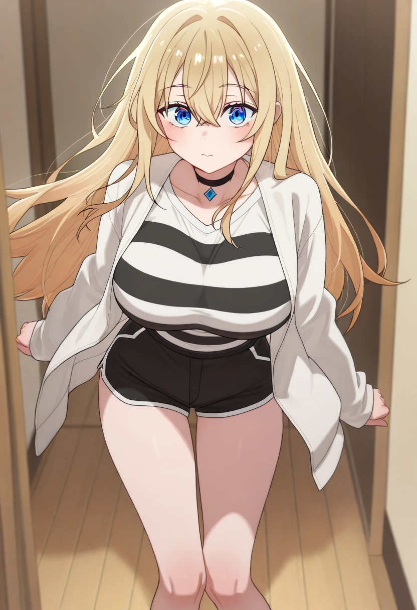 1girl, sana kuranaka, green eyes, brown_hair, short_hair, hair clip, medium_breasts, wearing a white tank top, some blue jean shorts, with a red belt, She is wearing thigh high stockings, full body, she is standing in the room, ranking: explicit, BREAK, 1girl, akizuki airi, blue eyes, blonde_hair, twintails, very_long_hair, she is wearing it in her hair_ornament red, hair_scrunchie red, medium_breasts, wearing a white tank top, some blue jean shorts, with a red belt, She is wearing thigh high stockings, full body, she is standing in the room, ranking: explicit
