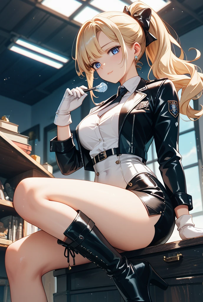 table top, high quality, 最high quality, High resolution, 4K, High resolution, beautiful lighting,highly detailed face, well drawn hands, beautifully drawn legs,well drawn feet,well drawn eyes,1 girl, Iroha, brown hair, long haired person,Police hat,sexy police uniform,shorts,white tights,short boots,In town,crowd