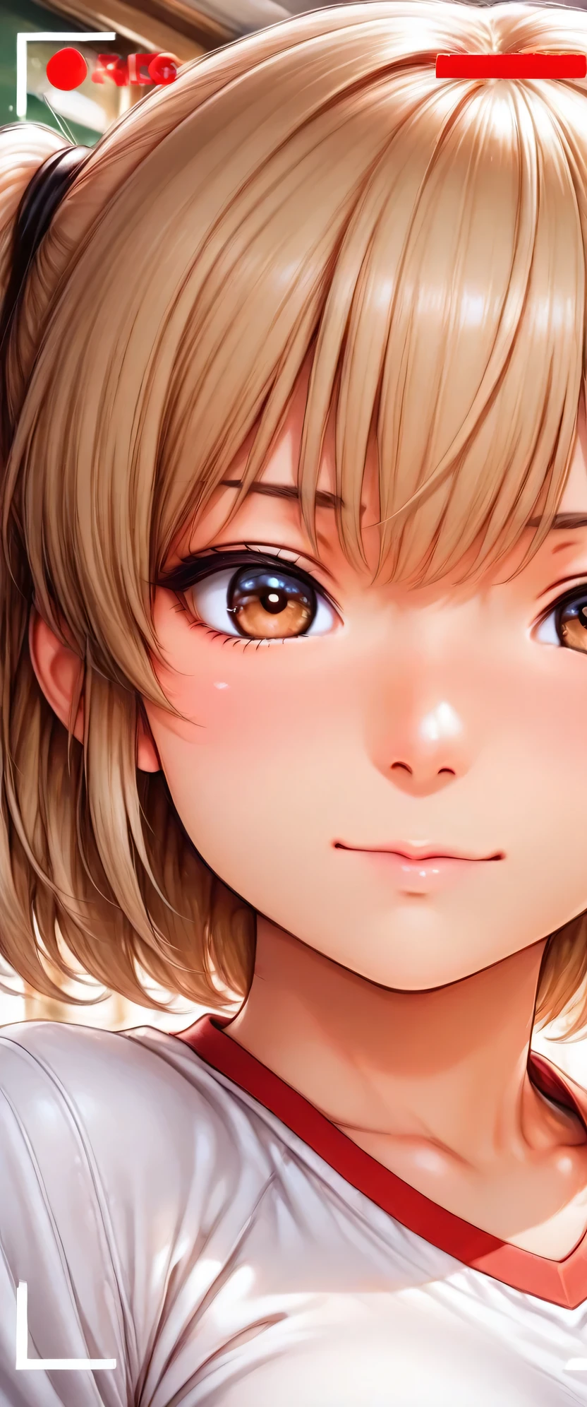 1 girl, short hair Portrait by re4Ashley, Athletic ability, School Uniform, white shirt, classroom, Volumetric Lighting, Best Quality, Artwork, details Intricate, tone mapping, sharp concentration, hyperdetail, realistic, short hair, Show back, Retrospective Face, ((viewfinder))