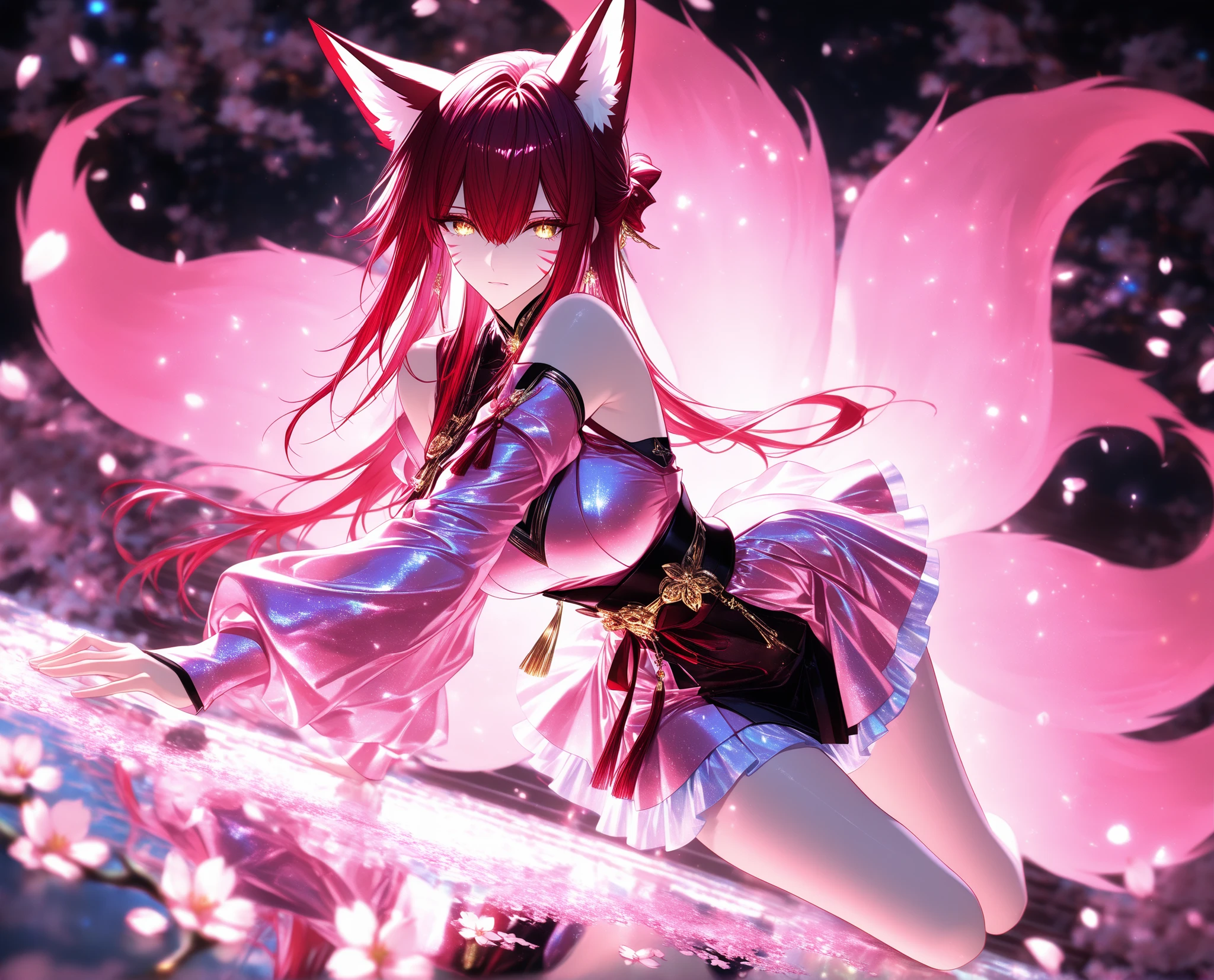 1 woman , golden eyes , very long hair , long sidelocks, red hair ,half updo, petite , very cute , beautiful ,Straight hair, cool, handsome, hair between eyes, sexy, medium breasts cool, beautiful, Solo, full Body, (dynamic angle), hazy lights, subdued lighting, blurred figures, dark background , Sakura, (cherry blossoms), detailled dress, short dress, perfect face, beautiful eyes, focus face, (4k,8k,Ultra HD),(Masterpiece:1.2),(Best quality:1.2),(Detailed:1.5),(Scenery),highly detailed,ultra-sharp,8K resolution,character focus,depth of field,(glowing particles),reflection,(Sharp Focus),contrast,(glittered fabric), pink theme, pink and white, vibrant, energetic,(clear lines) , dark outlines,(bold outline) (aesthetic pose), (pink and white clothes) , fox ears, fox tail, multiple fox tails, nine fox tails, red korean clothes, long sleeves, detached sleeves, bare shoulders, whisker markings, (dynamic pose) , cinematic lighting , cinematic angle, soft light , color detail, backlighting, Depth of field, long exposure, light steps, intricate colors, vibrant colors,, Detailed,Slight blur, soft lips, soft makeup