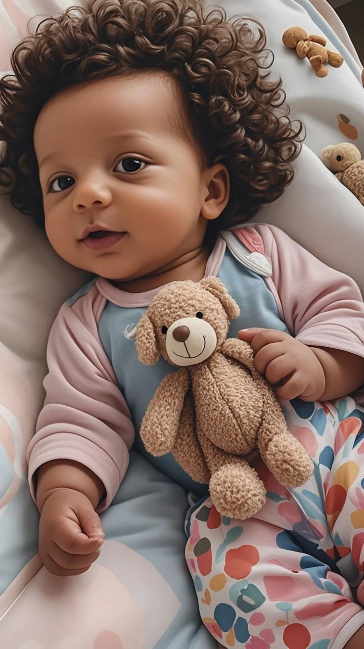 Imagem em formato desenho da Pixar, She's a 7-month-old baby, sorridente  e muito inteligente, He's outgoing, Playful and gets up for a lot of things. Cabelo castanho claro com chiquinhas no cabelo estilo coqueiro e olho mel. Background environment: an all-pink room with a crib and various toys, hj of them a yellow duckling and needs to look like a Pixar animation and have the text "seguir" And also "Disney Pixar Studios"