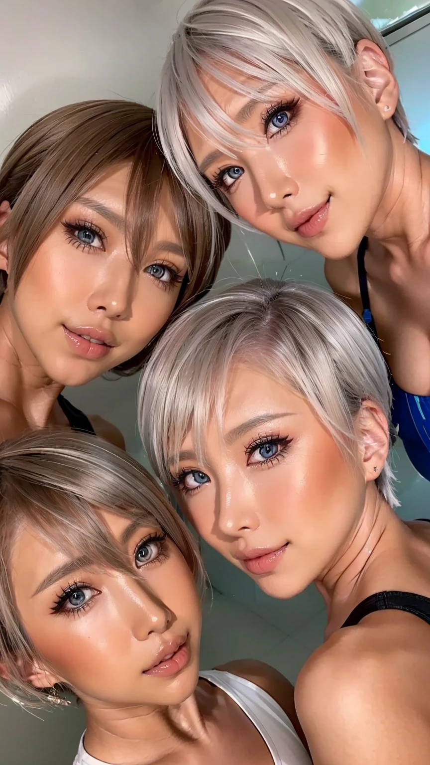short hair、 look at the 3 beautiful women here、collect beautiful platinum colored hair、From close to the face 、Collect faces in the center、Smile、Show me your teeth and Smile at me、Surprised Eyes、 Please bring your face closer to the front 、 ,Look at me with a Smile 、Vision、 Please collect them in the middle 、 、
