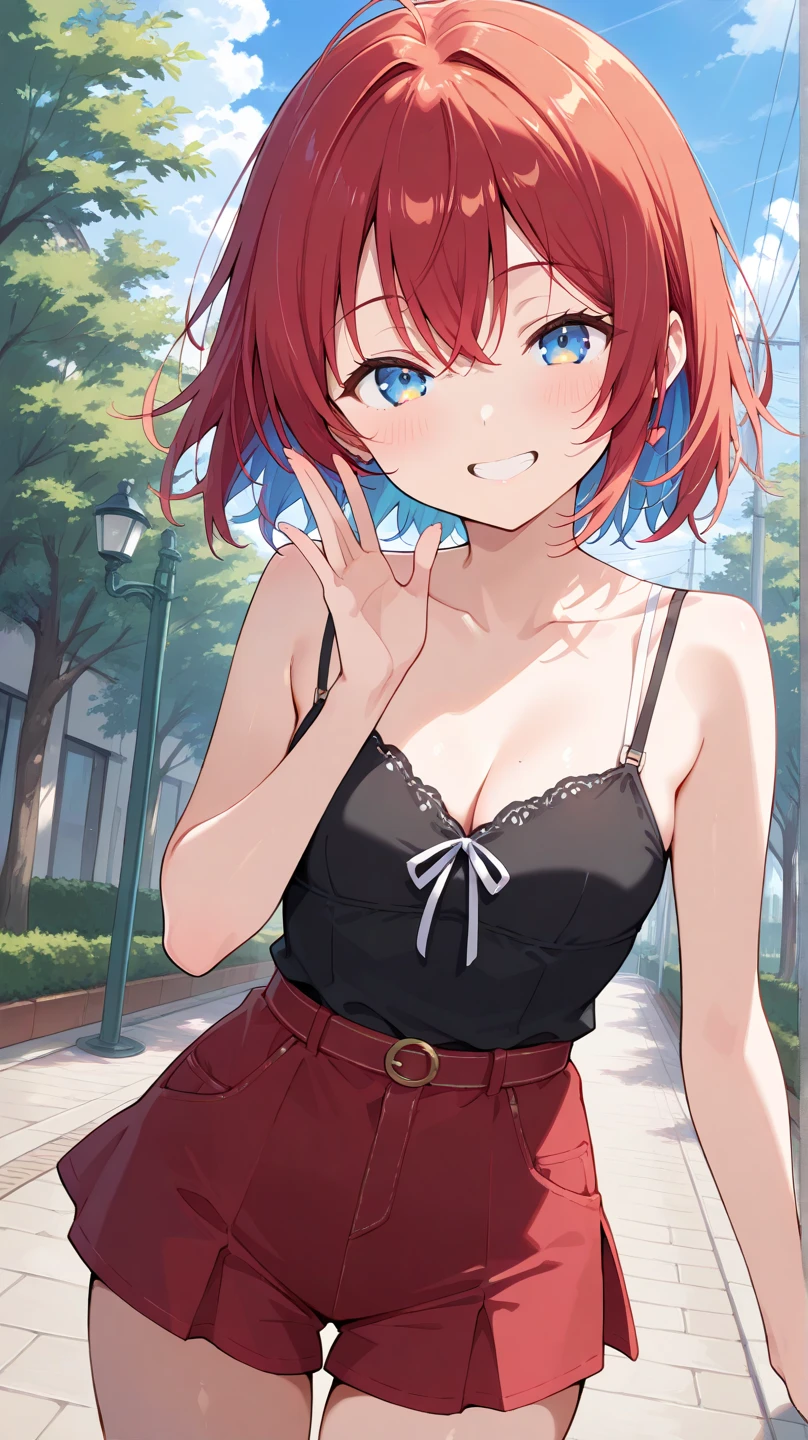 Big breasts, red hair, blue eyes, droopy eyes,  super big breasts, (medium hair: 1), baggy clothes, young face, short height, , shy Agari, smiling a little, in the classroom, , soft hair，straight hair  , gentle smile, a little smile ，pussy are visible, Slip Dress