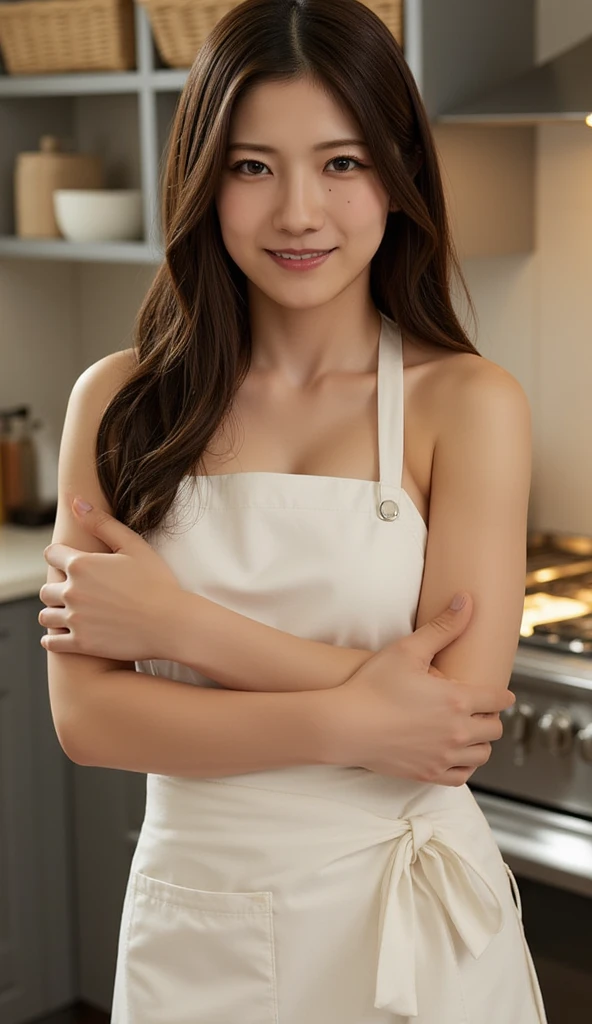 ((8k、sharp、masterpiece、Highest quality、Photorealistic、Very beautiful face、Fair skinで可愛い、Fair skin、very cute、Moisturized Skin))、 Shiny skin, Moisturized Skin、Fair skin、Cute face、Thin legs、Beautiful shaped buttocks,Professional Lighting、Portrait Shot、Smiling at the audience、(Naked black apron:1.3)、((She captivates the audience&#39;s pants in the kitchen.&#39;))、&#39;kitchen、No clothes、I&#39;Wearing an apron、You can see the chest on the side、Small breasts