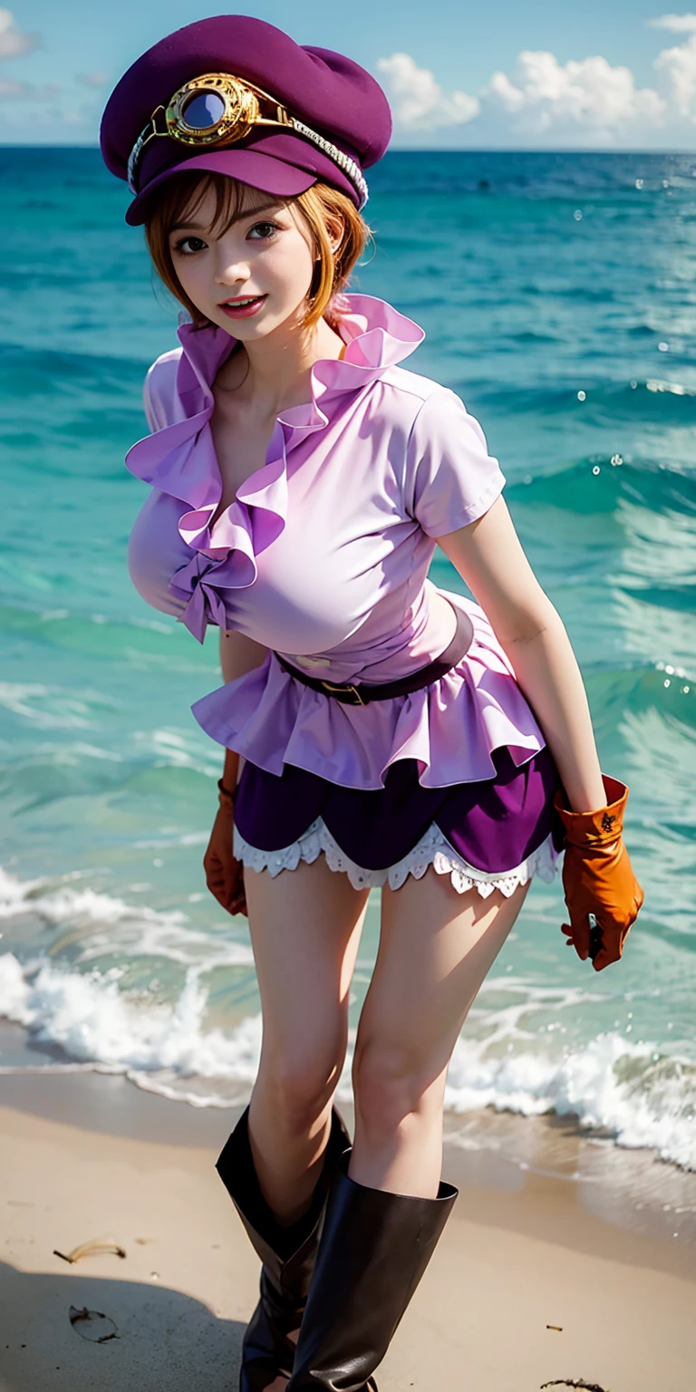 masterpiece, Best quality, (epiCRealLIfe), (photorealistic1.4) (young woman), (hazelmoore), (European Model), (wink), (tongue out), (pikkyroxanne costume), (pikkyroxanne hairstyle), (Char_shlow-Roxanne), (pikkyroxanne white swimsuit), pikkyroxanne, looking at viewer, orange hair, blonde hair, hair between eyes, bangs, brown eyes, breasts, animal ears, collar, , , tail, dog tail, dog ears, cleavage, floppy ears, black collar, dog girl, (on the beach), (daylight), (daytime), (natural lights), (white swimsuit), (white one piece swimsuit), (look at viewer), (tongue out), (wink
