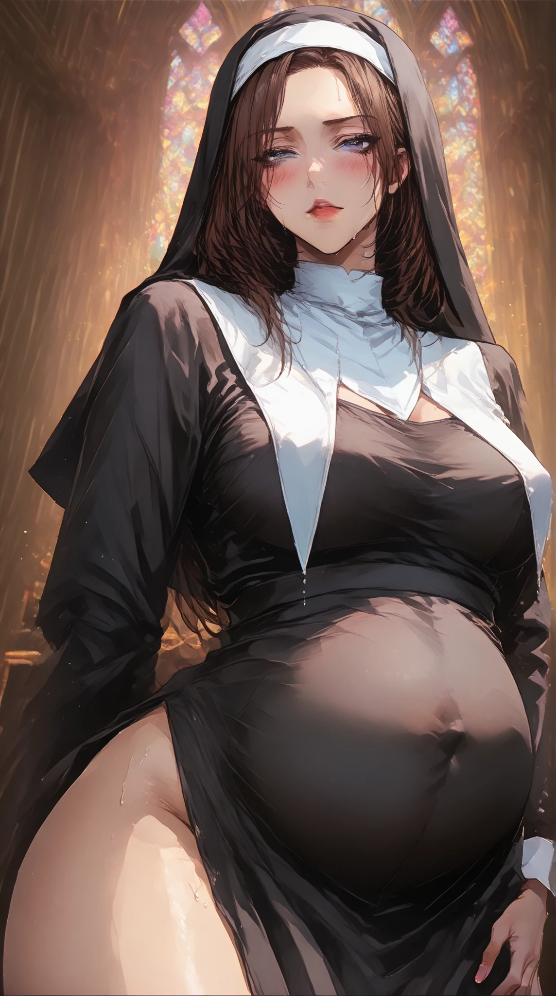 score_9, score_8, scote_7_up, 1 girl, 1 boy, Gorgeous body, pubic hair, beautiful sexy nun, she is beautiful and very hot, she prays, majestic setting, cowgirl, sex for salvation, hard fucking, Ecstasy