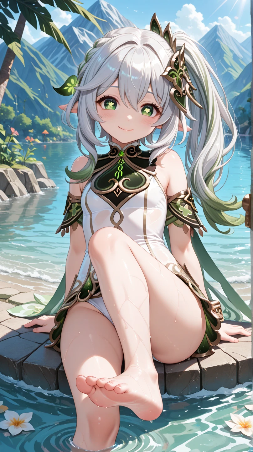 tmasterpiece, best qualtiy, Fine and detailed, A high resolution, Extremely Delicately Beautiful, (white hair), Close-up Shot Shot, (Green eyes), Be red in the face, cleavage, Off-the-shoulder attire, photo, perfect bodies, perfect bodies, white stockings, (Overlooking), sea