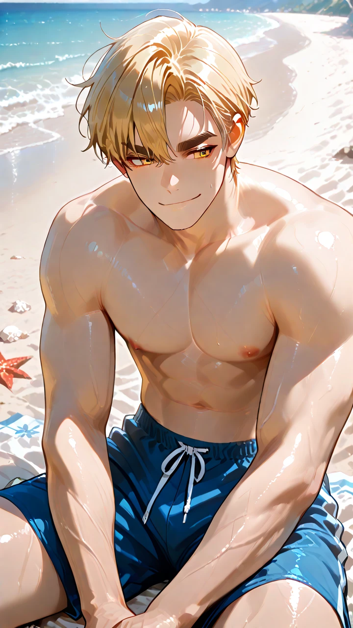 (score_9,score_8_up,score_7_up,score_6_up,score_5_up,score_4_up), best quality, best lighting, high-definition background, in FGO style, 1 boy is 18 yo, muscled, topless, swimware, long bulge, smiling, public pool