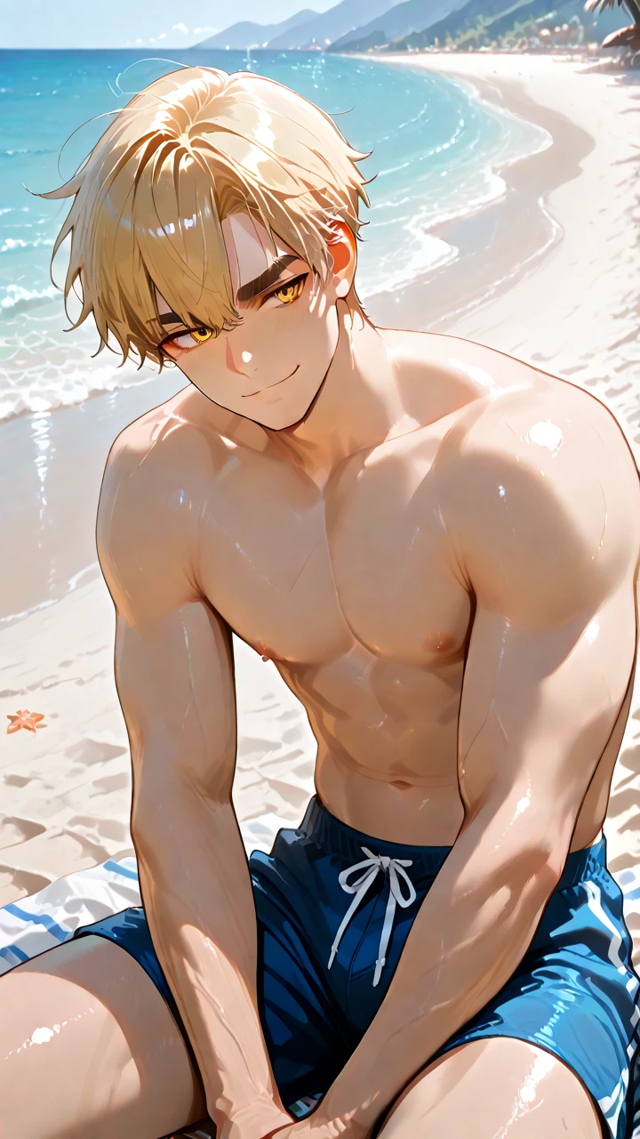 high quality, detailed, Realistic, (one 16 years old japanese boy), (detailed blue eyes), (abs:1.2), (shiny skin), detailed nipples, blond hair, (black tiny thong), (erected bulge), summer beach, (smile:0.8), close up face, (sweat:1.4)