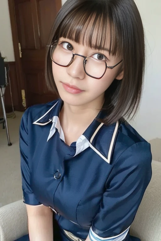 eye glass,Suits,Smile,{{Best Quality}}, {{super detailed}},One girl,Downturned eyes,G Cup Breasts,drooping eyes ,Cute girl with black bob cut hairstyle and white marble glowing skin,11 years old,Cute Girl,Oval face shape ,slender,Detailed portrait of the perfect lovely girl, slim, Face , Futuristic , Teen, kwak ji young, Dreamy, Black eyes, Cinematic lighting, Innocent, Highly detailed, Sharp Focus, Smooth, art stations, Convoluted,Ballet dancer ,awardwinning, Pure aura, Anime, Highly detailed CG Unity 8k wallpaper of girl with perfect symmetrical confident face with black mid-cut hairstyle and blushing cheeks , taken by Canon EOS, Sigma Art Lens 28mm f4, ISO 200 Shutter Speed 2000