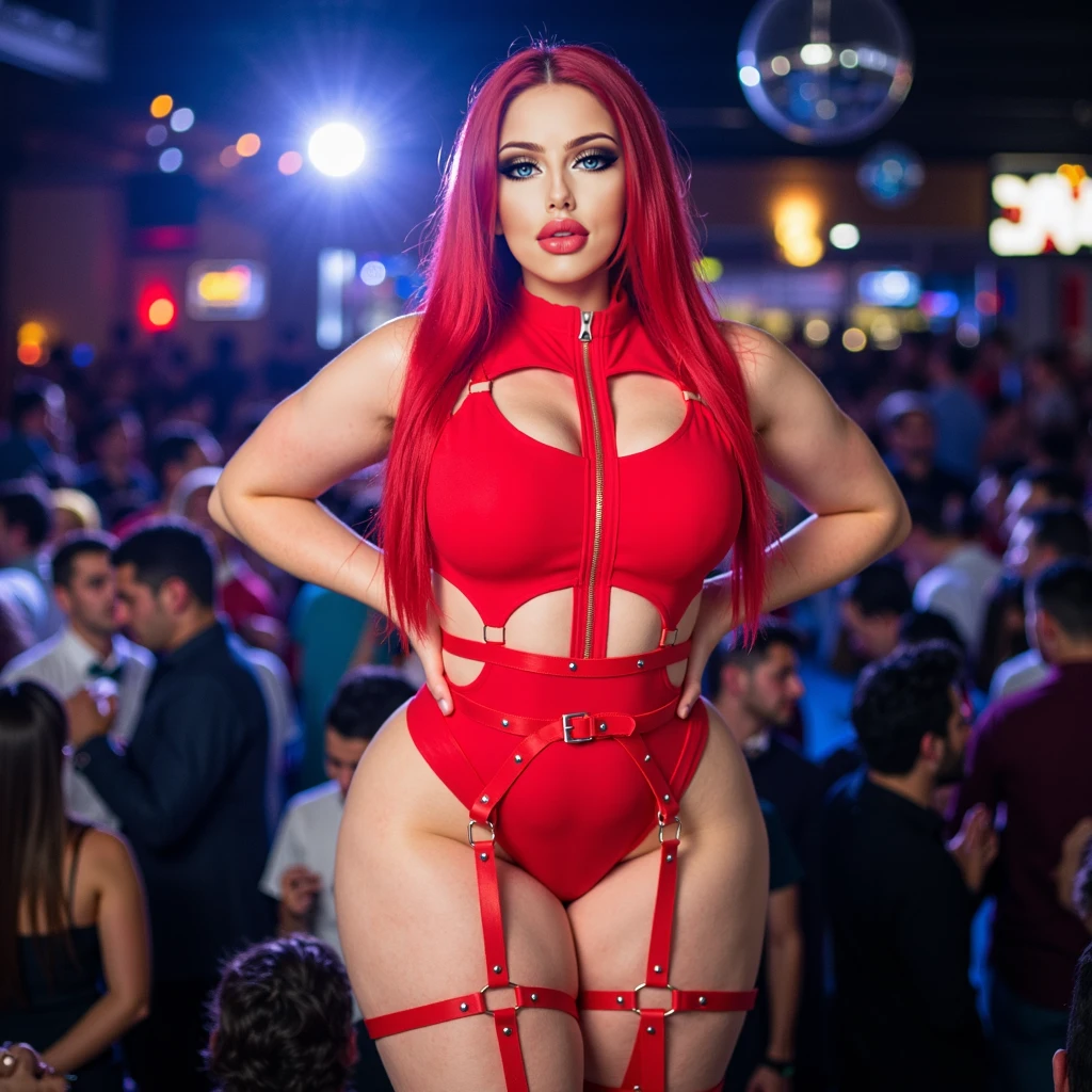 Full body photo of SEXIEST 50YO MATURE MILF AISHWARYA RAI as SEX HORNY BIMBO RAVE MILF, ((FLIRTATIOUS MOCKING SMILE)), ((highlighted WET hair)), (((RED LOCK & KEY CHAIN SLAVE SKIMPY harness)), ((boots))), (((MOST SEDUCTIVE POSE WITH HANDS IN THE AIR AND IN CENTRE STAGE OF CROWDED ((ONLY NUDE BOYS')) COLLEGE RAVE PARTY))), day scene, curvaceous thick hourglass figure, look straight at camera, sexy 50yo mature MILF, soft volumetric lights, intricate details