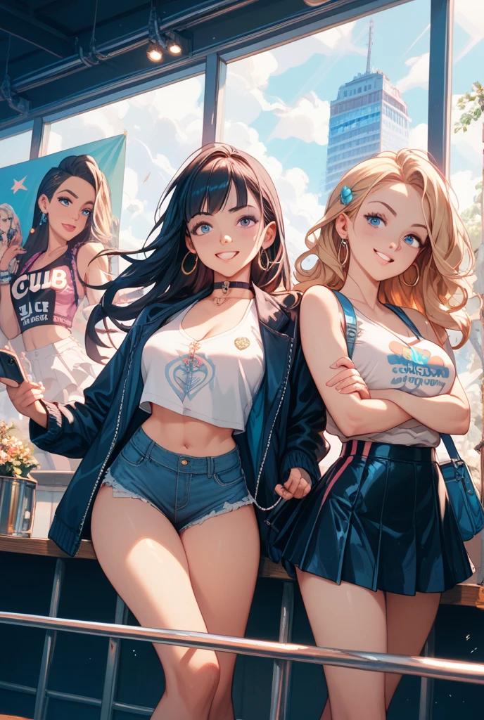 tmasterpiece,very best quality,super detailing,2 beautiful girls,face laughing,Wear ripped sports bras and blue jeans,walking in the shopping malls,beautiful shopping malls background,Detailed skins,8K,full body shot of,Grassed --auto