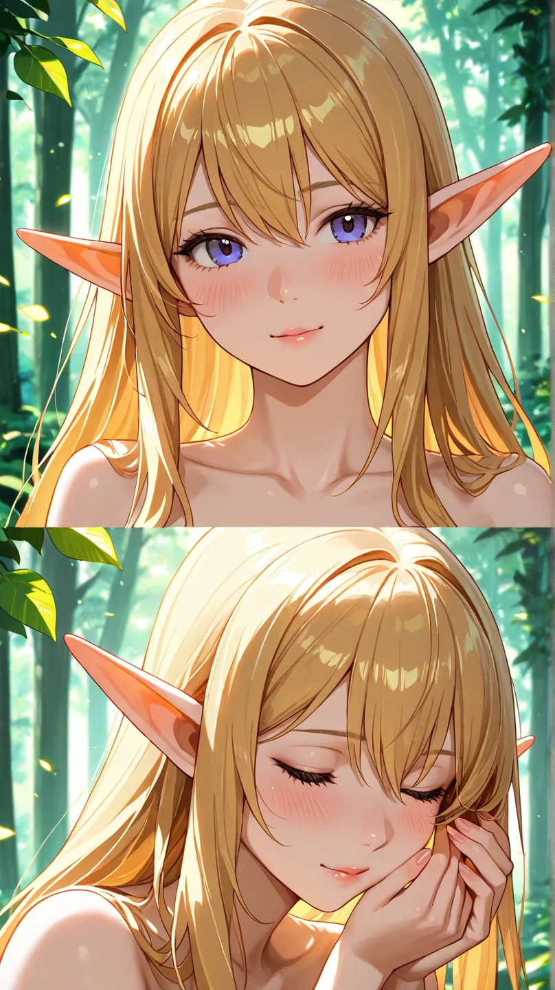 (((Top quality, 4k, 8k, high resolution, masterpiece: 1.2))), (super detailed), (realistic), (photorealistic), (photorealistic: 1.37), (HDR, UHD), (studio (lighting)), ultra-fine drawing, sharp focus, physically based rendering, highly detailed, professional, vibrant colors, perfect ditaile hand, highly detailed realistic eyes, anime, kawaii, qute, (((night, late night, dark, moonlight))), forest, deep forest,spring, small lake,(((One Woman))), (((to enter a lake, to enter the water, to wad up to one's waist in water))),back turned, look back, looking at viewer,Blonde, Long Hair, Elf Ears,(((Pure white camisole, translucent pure white camisole, see-through pure white camisole, long pure white camisole, lace pure white camisole, silk pure white camisole))), (((No underwear, nude))),My hair gets wet, my underwear gets wet,(((Long shot, Distant view))),