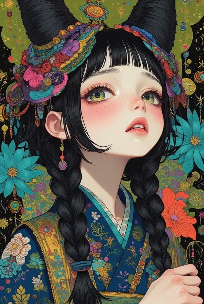 A girl with black hair and white eyes, dressed in dark , stands next to an anthropomorphic tiger, both looking at the camera. The background is adorned with intricate patterns of flowers and leaves., with a black color scheme, taken from a low angle shot, with high resolution and high detail, a masterpiece.