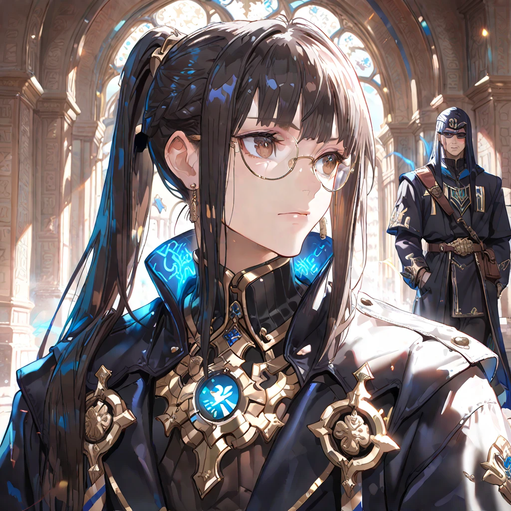 (best quality, 4k, 8k, highres, masterpiece:1.3), (portrait shot:1.3), upper body, extremely detailed face, 1 boy, Modern African male with glasses, long ponytail, and light brown eyes. A mage in a long black coat with gold and indigo Egyptian-style embroidery. High collar, glowing mystical lining. Black tunic with gold sigil, fitted black pants, polished boots. Wears an Eye of Thoth pendant, gold ring, and leather satchel. Stylish, magical, urban look. Black, gold, and indigo color scheme. Full-body, cinematic lighting.