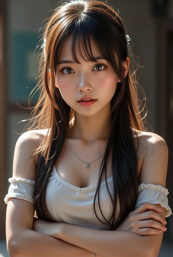 (Best quality,8k,high resolution,masterpiece:1.2)，Digital Artwork，A girl，Delicate face，Delicate eyes，Dark brown hair，Straight Hair，Shining amber eyes，Red lips，suspender long skirt，particle，dust，Warm colors，shy，in love，Pokémon_Eevee，Eevee_Pokémon，Eeveeの絵，Men&#39;s white collar shirt，necklace，Jewelry，Pretty Face，Large Breasts，more than_Body，Tyndall effect，lifelike，Dark Studio，(HD Skin:1.2)，8k Ultra HD，Soft Light，high quality，Edge lighting，Two-color lighting，Volumetric Lighting，frank，Professional photography，超high resolution，8k，Bokeh，Shallow depth of field，與Eevee一起