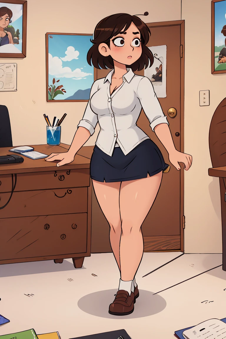 score_9, score_8_up, score_7_up, BREAK, LPB, brown hair, hair bun, blue eyes,   wide hips, thick thighs, massive thighs, busty, full body showing, cosplaying as an office lady