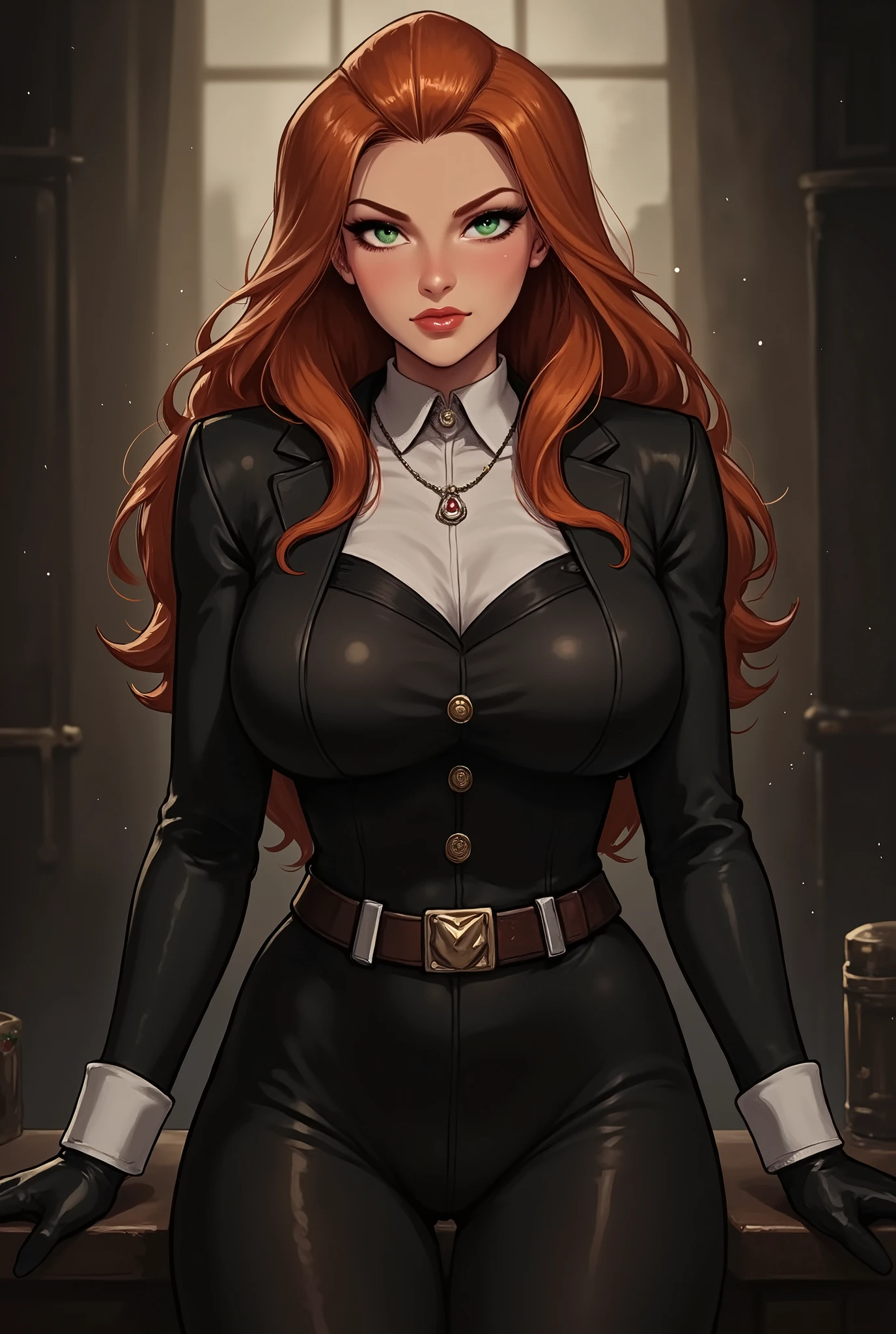 Female, green eyes, long ginger hair half of back, 1920's mob underboss
