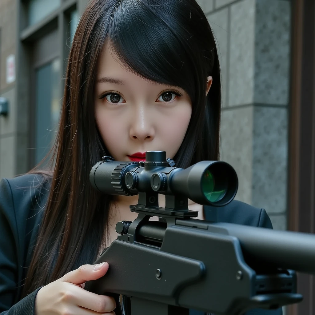 sniper, anime style, night, shooting from a high place, female, hair blowing in the wind, trying to shoot, Looking into the lens of a sniper rifle, face is turned to the side