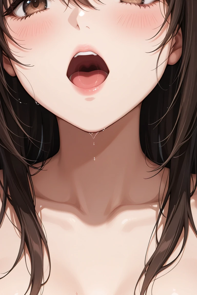 best quality,ultra-detailed,realistic,portrait,girl,breathing heavily,tongue sticking out,saliva dripping,breath vapor rising from mouth,widened pupils,intimate lingerie,skream,opaque white liquid flowing through her body,soft lighting,subtle color tones