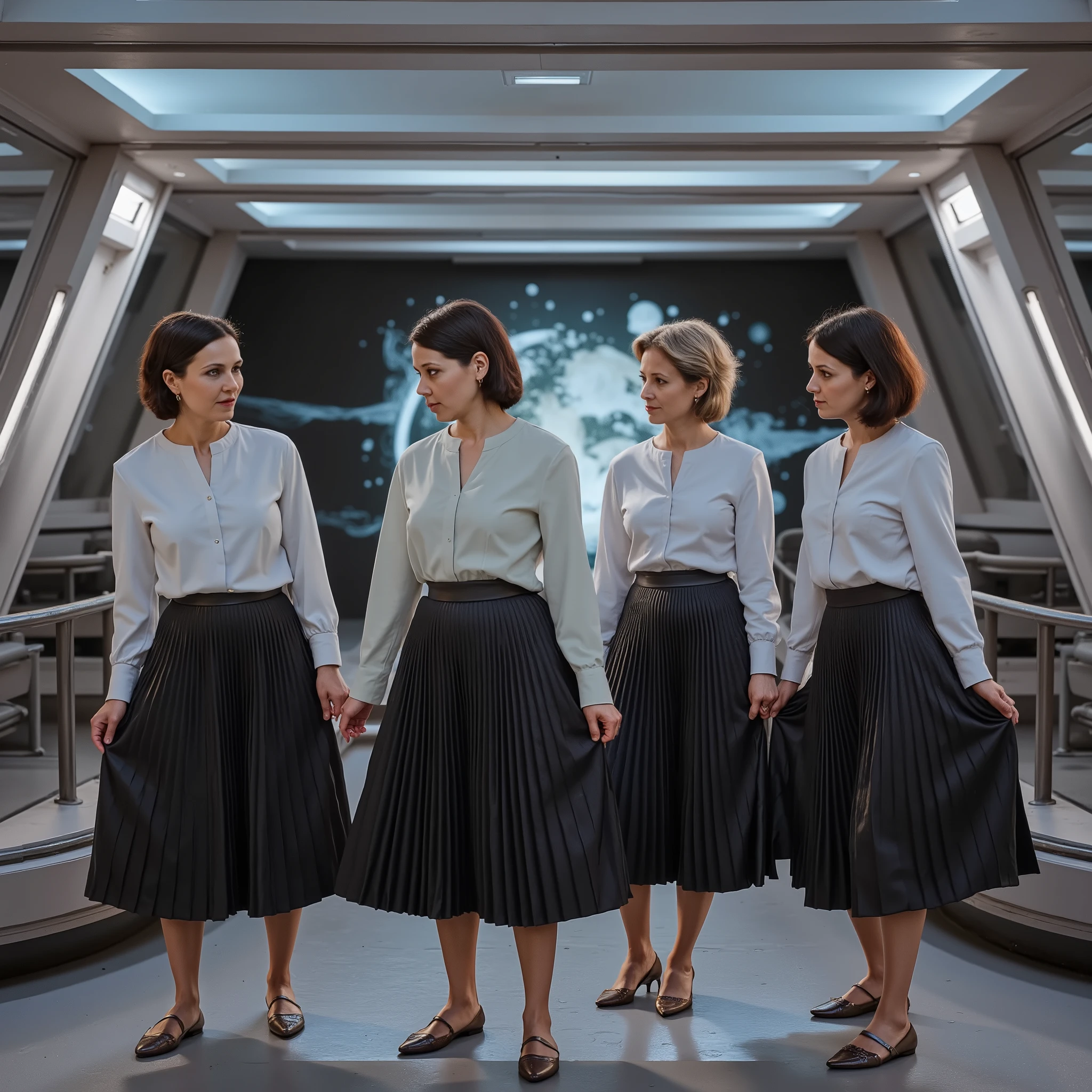 Inside a sleek, futuristic spaceship with soft ambient lighting, four demure, kind and compassionate mature ladies smile warmly, exuding empathy. They all wear long pleated skirts with very sharp and visible pleats, and low-heeled office shoes paired with uniform jackets. They are playfully adjusting their skirts, lifting and smoothing them, while winking flirtatiously, their expressions radiating charm and warmth. Furthermore, they are members of Sapphic Union. An all female space-faring civilization, of which its pride and symbol is the Pleated Skirt. The background features modern space-age interiors with subtle holographic displays and soft, diffused light casting gentle shadows.