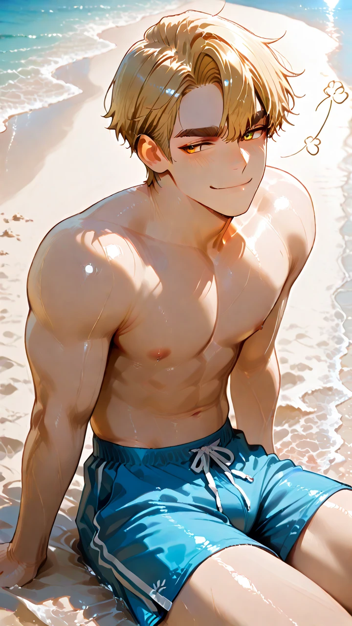 ((best quality)), ((Masterpiece)), (details), perfect face,high definition,Masterpiece,4k,details clearly,,,Handsome face,white skin,perfect body,male body,strong muscles,Abdomen muscles are wavy.,abdomen,blue eyes,white skin,The most handsome man in the world,handsome,,The coolest face,Male characters,challenge,Show off your body,Strong breasts,beautiful eyes,Look clearly...,short hair,Blonde hair,smile,happy face,kindness,perfect Body,Sixpack,Bright Skin,Healthy,shorts,Dark eyebrows,shirtless,Model,Bright lights,Posing,Happy,wet Skin,Yacht,on the Yacht,clear sky,Beautiful ocean,stand on boat,Spread your arms,The wind is blowing,relexing,Good lips
