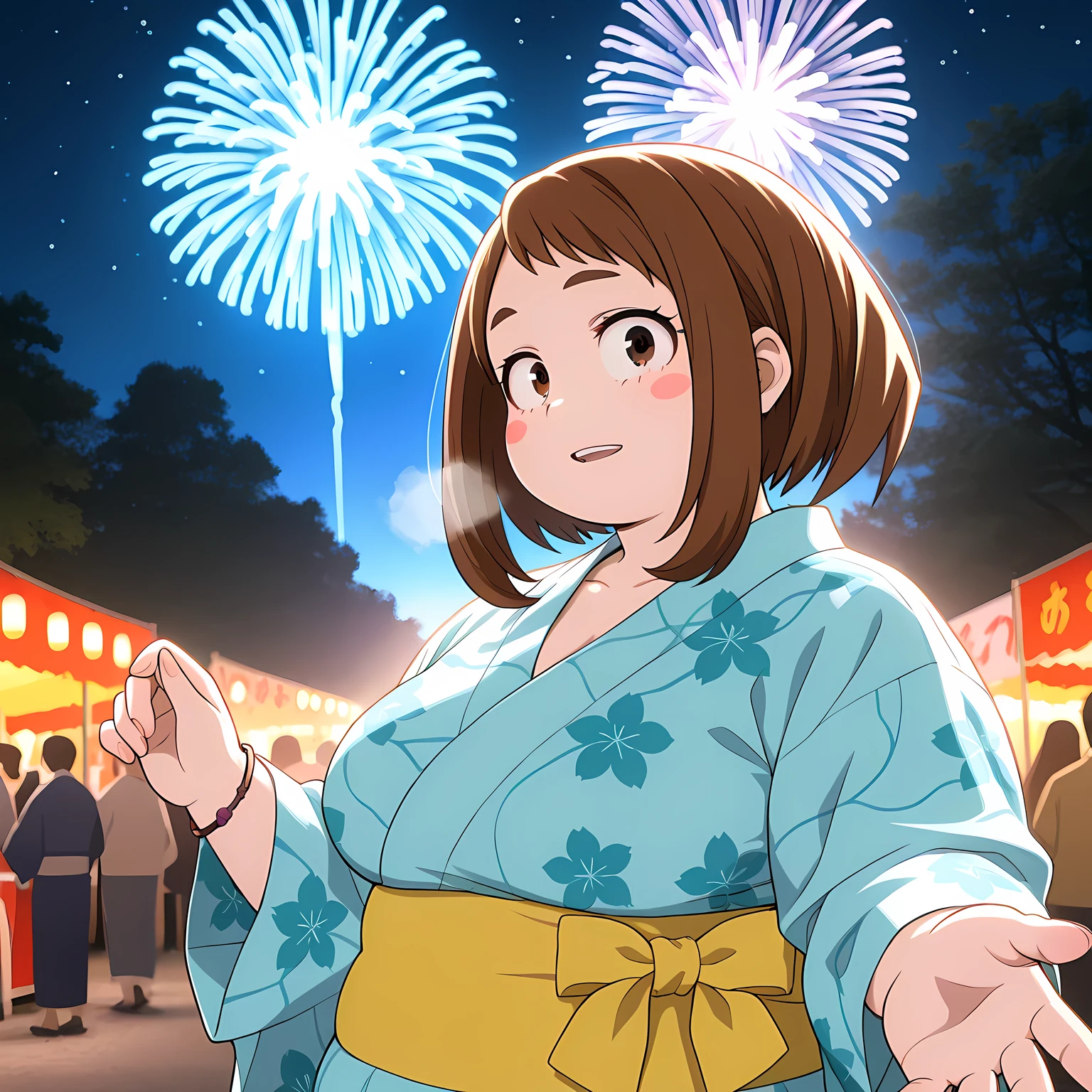 high resolution picture, masterpiece, best quality, amazing quality, official art, Ochako Uraraka from My Hero Academia ,1girl, uraraka ochako, 1girl, brown hair,brown eyes,short hair, blush stickers, medium breasts, (flat colors, pastel colors) BREAK ,light smile, parted lips, standing, night sky, looking at viewer, night, yukata, bracelet, outdoors, sky, floral print, aerial fireworks, blue kimono, yellow obi, wide sleeves, print kimono, loose neck, long sleeves, hand up, collarbone, (cleavage:0.55) outdoors, star (sky), upper body, festival, tree, photo background, (hand reaching towards viewer), take viewer, thin fingers, from side, (backlighting:1.4) fat, chubby, obese, gigantic arms and legs, large breasts open mouth, out of breath