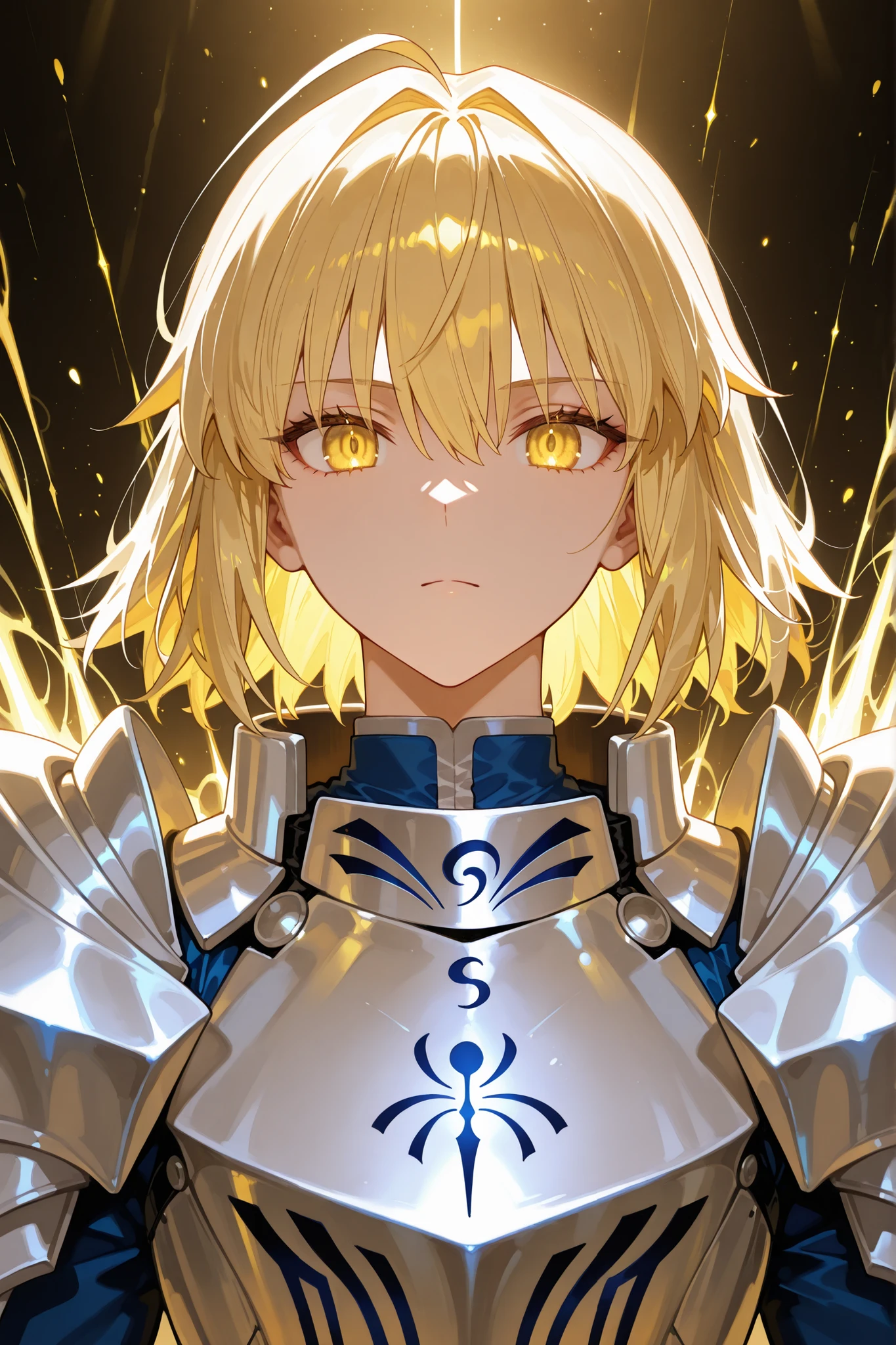 A woman alone, (Highest Quality,high resolution:1.2),Detailed upper body portrait,Dark and mysterious,《Fate/stay night》中的Artolia·潘德拉贡, Golden Eyes,short golden hair,distribution,armor,荆棘冠, moonlight background ,Dramatic Lights, sacred aura , Artolia, 黑红色armor,